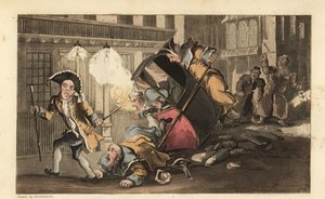 Johnny uit een draagstoel gegooid wanneer de dragers over een stapel stenen op straat botsen. Nachtwakers met lantaarns en ratels arriveren. Handgekleurde kopergravure door Thomas Rowlandson uit William Combe