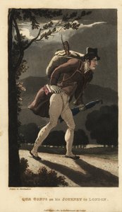 Johnny wandelend op de maanverlichte weg naar Londen. Hij heeft een rugzak met viool, een boek in zijn jaszak en draagt een paraplu. Handgekleurde kopergravure door Thomas Rowlandson uit William Combe