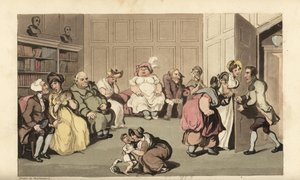 Johnny met andere patiënten in de wachtkamer van kwakzalver Anodyne. Handgekleurde kopergravure door Thomas Rowlandson uit William Combe