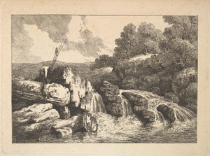 Landschap met twee vissers die rotsen beklimmen naast een waterval, 1784-88