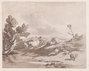 Landschap met een figuur die vee naar water drijft door Thomas Rowlandson