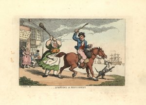 Man slaat een koppig paard met een knuppel, terwijl de eigenaar Wido