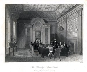 Vergadering van de Lords van de Admiraliteit in de Raadzaal, Admiraliteit. Staalgravure door Henry Melville naar een illustratie van Thomas Rowlandson uit London Interiors, Their Costumes and Ceremonies, Joshua Mead, Londen