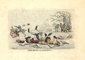 Mannen en vrouwen schaatsen op dun ijs en vallen in een bevroren rivier door Thomas Rowlandson