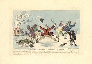 Mannen die vallen op schaatsen, een ander valt door het ijs door Thomas Rowlandson