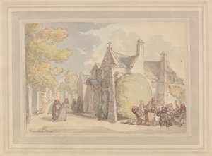 Monniken die buiten een klooster feestvieren door Thomas Rowlandson