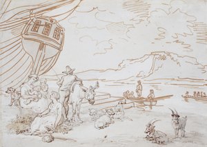 Moeder en kinderen aan de waterkant door Thomas Rowlandson