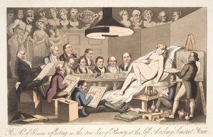 R---A---ys van genialiteit reflecterend op de ware lijn van schoonheid in de Life Academy, Somerset House, uit The English Spy, uitgegeven 1824 door Thomas Rowlandson