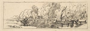 Scène aan een rivier of vijver: een zeilboot en een bijboot met figuren op de oever in de voorgrond door Thomas Rowlandson