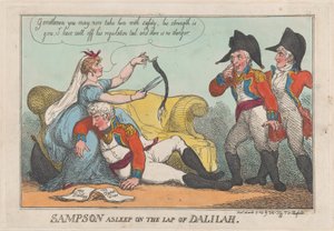 Sampson slaapt op de schoot van Dalilah door Thomas Rowlandson