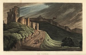 Kasteel van Scarborough: toeristen wandelen de heuvel op naar het 12e-eeuwse stenen kasteel. Handgekleurde kopergravure door Thomas Rowlandson naar een schets van J. Green uit Poetical Sketches of Scarborough, Ackermann, Londen door Thomas Rowlandson
