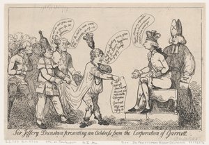 Sir Jeffery Dunstan houdt een toespraak namens het stadsbestuur van Garratt door Thomas Rowlandson