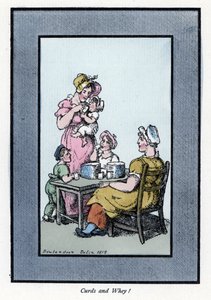 Zittende vrouw die kwartelmelk en melk verkoopt aan een moeder en kinderen (1819). Houtsnede, gebaseerd op een schilderij door Thomas Rowlandson (1756-1827), gepubliceerd in The Cris of London: met zes charmante kinderen en bijna 40 illustraties, door Andr door Thomas Rowlandson