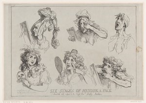 Zes stadia van het herstellen van een gezicht, toegewijd met respect aan de Eerwaarde Lady Ar..., 29 mei 1792 door Thomas Rowlandson