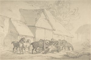 Stal met paarden door Thomas Rowlandson