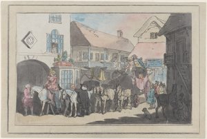 Postkoets en ruiters op de binnenplaats van een herberg, klaar om te vertrekken door Thomas Rowlandson