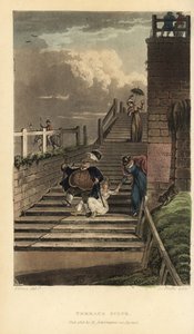 Terras Trappen: toeristen vallen van de trappen van Cliff Terrace. Handgekleurde kopergravure door Thomas Rowlandson, aquatint door J.C. Stadler, naar een schets van J. Green uit Poetical Sketches of Scarborough, Ackermann, Londen