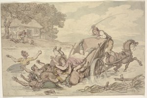 De voerman en de zigeuners: Een kar omgevallen in een stroom, waarbij een groep vrouwen in het water valt door Thomas Rowlandson