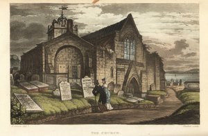 De Kerk: oude toeristen lezen de grafstenen in een gotische kerk door Thomas Rowlandson
