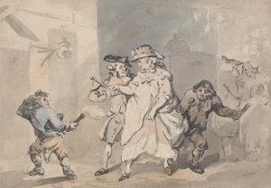 De herbergdeur (Een man wordt door twee bedienden naar een deur aan de linkerkant begeleid)