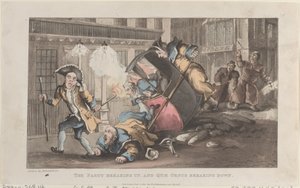 Het feest loopt ten einde, en Quae Genus stort in, uit De geschiedenis van John..., 1 december 1821 door Thomas Rowlandson