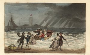 Het Waterfeest: toeristen verlaten een zeereis vanwege slecht weer. Handgekleurde kopergravure door Thomas Rowlandson, aquatint door J.C. Stadler, naar een schets van J. Green uit Poetical Sketches of Scarborough, Ackermann, Londen door Thomas Rowlandson