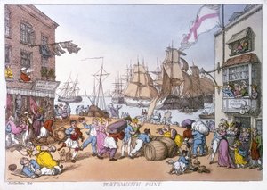 Het district Portsmouth, cartoon die de activiteiten van deze Engelse haven beschrijft door Thomas Rowlandson