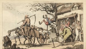 De skelet van de Dood en oude man Tijd komen om de oude echtgenoot van Goody Barton te halen, maar de kar is al te vol met lijken. Handgekleurde kopergravure door Thomas Rowlandson uit The English Dance of Death, Ackermann, Londen door Thomas Rowlandson