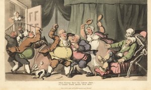 Het skelet van de Dood komt voor een zieke man terwijl drie kwakzalvers vechten, en een dienstmeid hen aanvalt met pispotten in de Kameroorlog