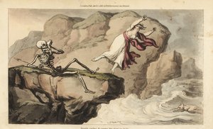 De dood houdt een zakdoek voor zijn oogkas terwijl een vrouw zelfmoord pleegt om zich bij haar verdronken geliefde te voegen door Thomas Rowlandson