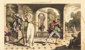 De skelet van de Dood in een cape danst een laatste wals met fragiele Caelia, terwijl haar dansleraar geschokt toekijkt. Handgekleurde kopergravure getekend en gegraveerd door Thomas Rowlandson uit The English Dance of Death, Ackermann, Londen door Thomas Rowlandson