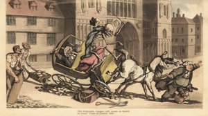 Het skelet van de Dood in mantel en muts bestuurt een tweespan dat crasht in wegwerkzaamheden en zijn passagier, een gerechtsdeurwaarder, doodt. Handgekleurde kopergravure getekend en gegraveerd door Thomas Rowlandson uit The English Dance of Death, Ackerm