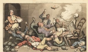 Het skelet van de Dood schenkt punch in een glas van een ceremoniemeester met jicht op een luidruchtig Georgisch drinkfeest. Handgekleurde kopergravure getekend en gegraveerd door Thomas Rowlandson uit The English Dance of Death, Ackermann, Londen