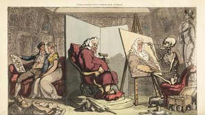 De skelet van de Dood schildert een portret van een wethouder, terwijl zijn jonge dienstmeisje flirt met een galante kunstenaar achter het scherm. Handgekleurde koperplaat getekend en gegraveerd door Thomas Rowlandson uit The English Dance of Death, Ackerm door Thomas Rowlandson