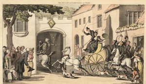 De skelet van de Dood rijdt voor een hoge tandem die de volgende erfgenaam naar zijn ondergang draagt onder een lage boog. Handgekleurde koperplaat getekend en gegraveerd door Thomas Rowlandson uit The English Dance of Death, Ackermann, Londen