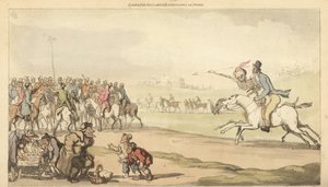 De skelet van de Dood rijdt met een man naar de finish op een renbaan, terwijl kinderen een spelletje lotto spelen. Handgekleurde kopergravure getekend en gegraveerd door Thomas Rowlandson uit The English Dance of Death, Ackermann, Londen