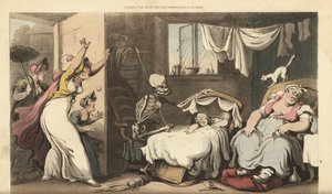 Het skelet van de Dood wiegt de wieg van een baby terwijl de oppas slaapt en de ontredderde moeder thuiskomt. Handgekleurde kopergravure getekend en gegraveerd door Thomas Rowlandson uit The English Dance of Death, Ackermann, Londen