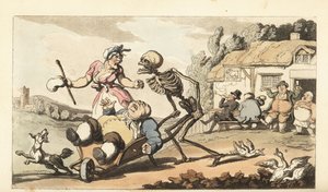 Het skelet van de Dood neemt de dronken Sot mee in een kruiwagen, terwijl andere dronkaards plezier maken voor de pub The Goat. Handgekleurde koperplaat getekend en gegraveerd door Thomas Rowlandson uit The English Dance of Death, Ackermann, Londen