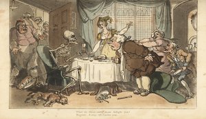 De skelet van de Dood met pijl en zandloper komt voor de gulzigaard tijdens het diner. Handgekleurde kopergravure getekend en gegraveerd door Thomas Rowlandson uit The English Dance of Death, Ackermann, Londen