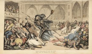 Het skelet van de Dood veroorzaakt een oproer onder de harlekijnen, jockeys, nonnen, Turken en dwazen op een gemaskerd bal. Handgekleurde kopergravure getekend en gegraveerd door Thomas Rowlandson uit The English Dance of Death, Ackermann, Londen door Thomas Rowlandson
