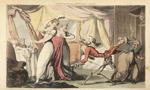Het skelet van de Dood met zijn zandloper komt voor een mooie coquette in haar slaapkamer terwijl ze wordt aangekleed voor een bal door haar bedienden. Dood is gekleed in rokjas en pruik als een vrijer. Handgekleurde kopergravure getekend en gegraveerd doo