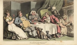 De skelet van de Dood met zandloper komt voor de zieke man terwijl hij pap eet aan de eettafel met zijn drinkende vrienden voor de open haard. Handgekleurde kopergravure door Thomas Rowlandson uit The English Dance of Death, Ackermann, Londen