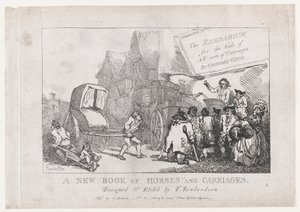 Titelpagina: Een nieuw boek van paarden en rijtuigen, of, De Rhedarium voor de verkoop van alle soorten..., 1784 door Thomas Rowlandson