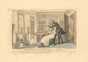 Vrouw slaapt aan een bureau terwijl een man haar geheime gedachten leest