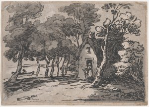 Bosrijke scène met figuren bij de deur van een huisje, 1783-88 door Thomas Rowlandson