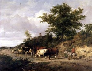 Bosrijk landschap met een jongen op een ezel en vee bij een doorwaadbare plaats door Thomas Sidney Cooper