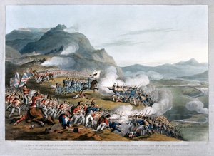 Een uitzicht op de Sierra de Busaco bij St. Antonio de Cantaro, met de aanval door maarschalk Reigniers, gegraveerd door Charles Turner, gepubliceerd 1812 door Thomas Staunton St. Clair