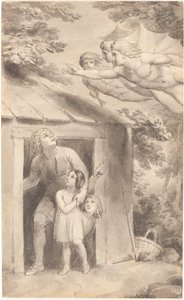 Petrus en zijn kinderen bezocht door drie vliegende figuren door Thomas Stothard