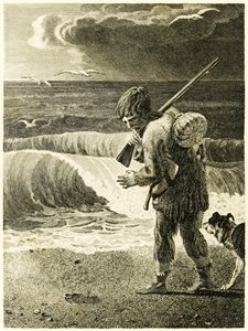 Robinson Crusoe ontdekt de afdruk van een voet uit 