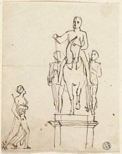 Beeldhouwwerk van ruiter vergezeld door twee staande figuren, met schets van een van de laatsten door Thomas Stothard